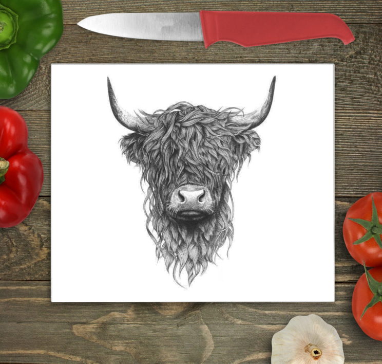 Highland Cow Large Glass Chopping Board, Highland Cow Worktop